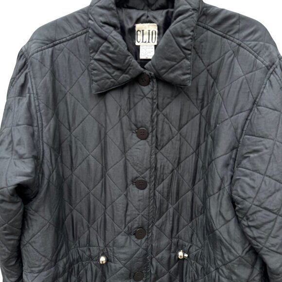 Clio Vintage Womens Black Quilted Jacket Button Front Pockets Drawstring Waist M - Picture 3 of 13